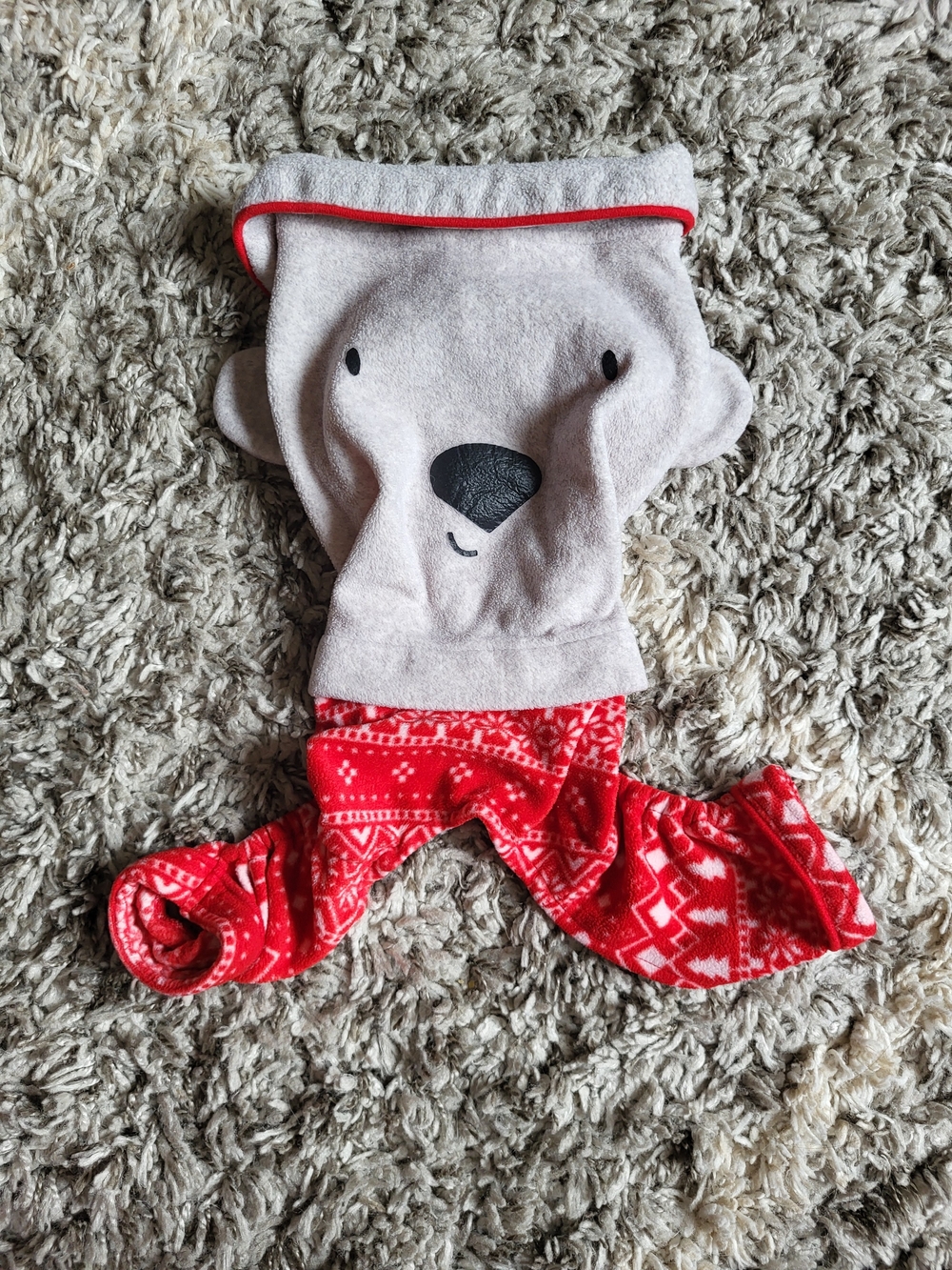 Cozy Polar Bear Dog Pajamas in Beige and Red - Festive Fleece Pet Outfit